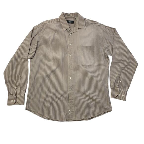 Hugo Boss Shirt Mens 16 Wisteria Tan Cotton Striped Button Up Long Sleeve Pocket - Picture 1 of 10